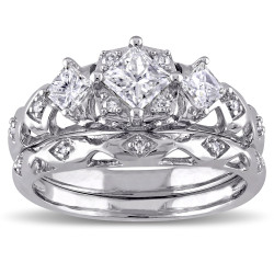 White Gold 1ct TDW Diamond Princess and Round-cut Milgrain Detail Bridal Ring Set - Handcrafted By Name My Rings™