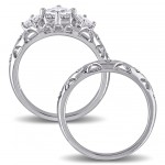 White Gold 1ct TDW Diamond Princess and Round-cut Milgrain Detail Bridal Ring Set - Handcrafted By Name My Rings™
