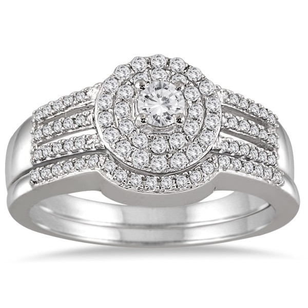 White Gold 1/2ct TDW Diamond Double Halo Split Shank Bridal Set - Handcrafted By Name My Rings™