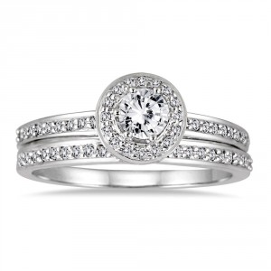 White Gold 1/2ct TDW Diamond Halo Bridal Set - Handcrafted By Name My Rings™