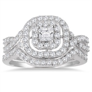 White Gold 1ct TDW Diamond Double Halo Princess Bridal Ring Set - Handcrafted By Name My Rings™