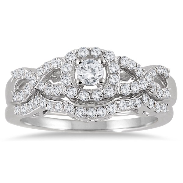 White Gold 3/4ct TDW Diamond Halo Bridal Ring Set - Handcrafted By Name My Rings™