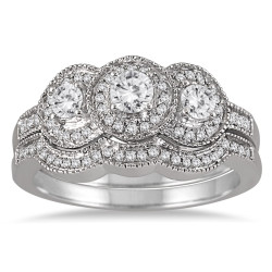 White Gold 3/4ct TDW Three-stone Antique Diamond Bridal Ring Set - Handcrafted By Name My Rings™