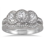 White Gold 3/4ct TDW Three-stone Antique Diamond Bridal Ring Set - Handcrafted By Name My Rings™