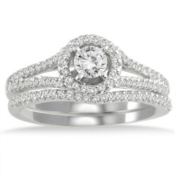 White Gold 3/4ct TDW White Diamond Halo Bridal Ring Set - Handcrafted By Name My Rings™