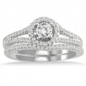 White Gold 3/4ct TDW White Diamond Halo Bridal Ring Set - Handcrafted By Name My Rings™