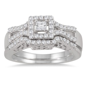 White Gold 3/5ct TDW Diamond Halo Bridal Ring Set - Handcrafted By Name My Rings™