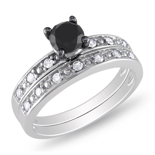 Gold 1ct TDW Black and White Diamond Bridal Ring Set - Handcrafted By Name My Rings™