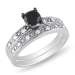 Gold 1ct TDW Black and White Diamond Bridal Ring Set - Handcrafted By Name My Rings™