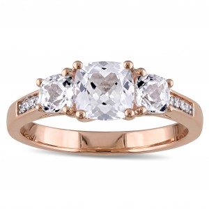 Rose Gold Created White Sapphire and Diamond Accent 3-Stone Engagement Ring - Handcrafted By Name My Rings™