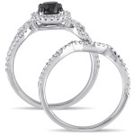 White Gold 1 1/2ct TDW Black and White Diamond Halo Bridal Ring Set - Handcrafted By Name My Rings™