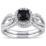 White Gold 1 1/2ct TDW Black and White Diamond Halo Bridal Ring Set - Handcrafted By Name My Rings™