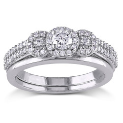 White Gold 1/2ct TDW Diamond 3-stone Halo Bridal Ring Set - Handcrafted By Name My Rings™