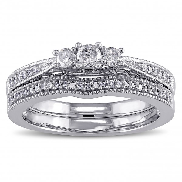White Gold 1/3ct TDW Diamond 3-stone Bridal Ring Set - Handcrafted By Name My Rings™
