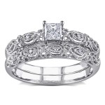 White Gold 1/3ct TDW Diamond Vintage Bridal Engagement Ring Stackable Set - Handcrafted By Name My Rings™
