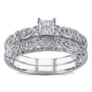 White Gold 1/3ct TDW Diamond Vintage Bridal Engagement Ring Stackable Set - Handcrafted By Name My Rings™