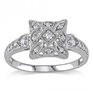White Gold 1/7ct TDW Diamond Square Shape Art Deco Style Vintage Ring - Handcrafted By Name My Rings™