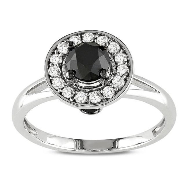 White Gold 1ct TDW Black and White Round Halo Diamond Ring - Handcrafted By Name My Rings™