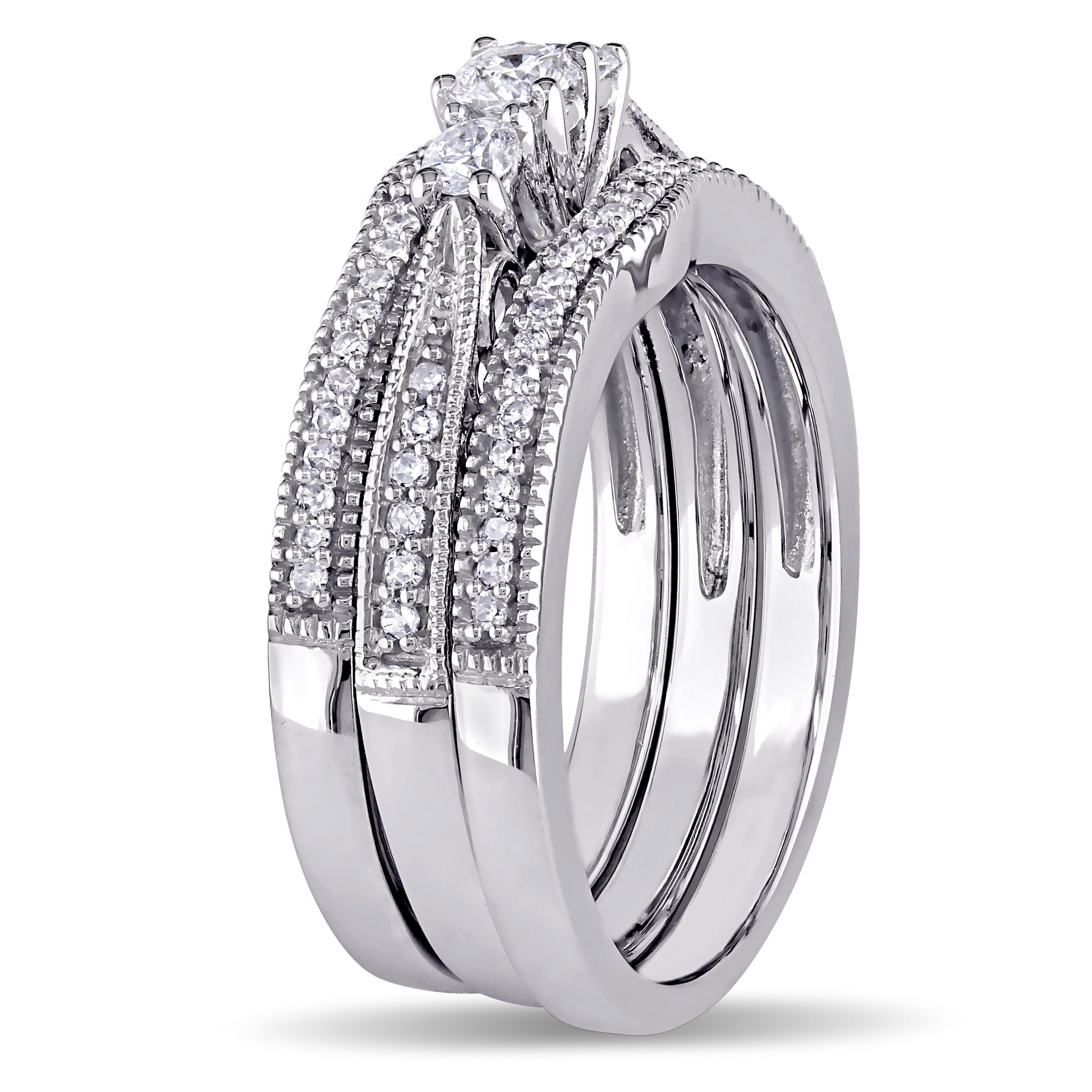 White Gold 2/5ct TDW Diamond Vintage 3-Stone Bridal Ring Set White Gold 2/5ct TDW Diamond Vintage 3-Stone Bridal Ring Set