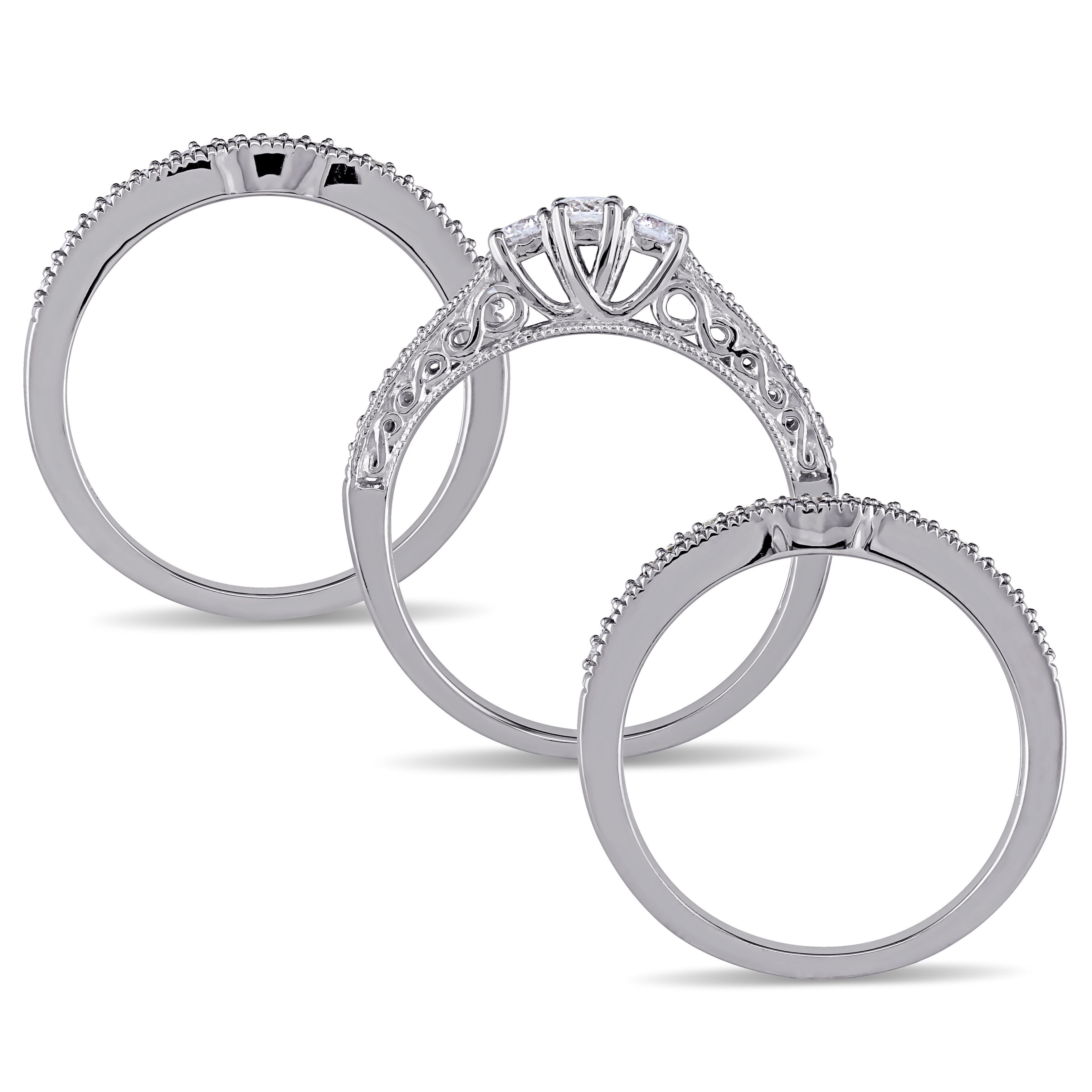White Gold 2/5ct TDW Diamond Vintage 3-Stone Bridal Ring Set White Gold 2/5ct TDW Diamond Vintage 3-Stone Bridal Ring Set
