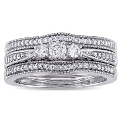 White Gold 2/5ct TDW Diamond Vintage 3-Stone Bridal Ring Set - Handcrafted By Name My Rings™