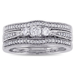 White Gold 2/5ct TDW Diamond Vintage 3-Stone Bridal Ring Set - Handcrafted By Name My Rings™