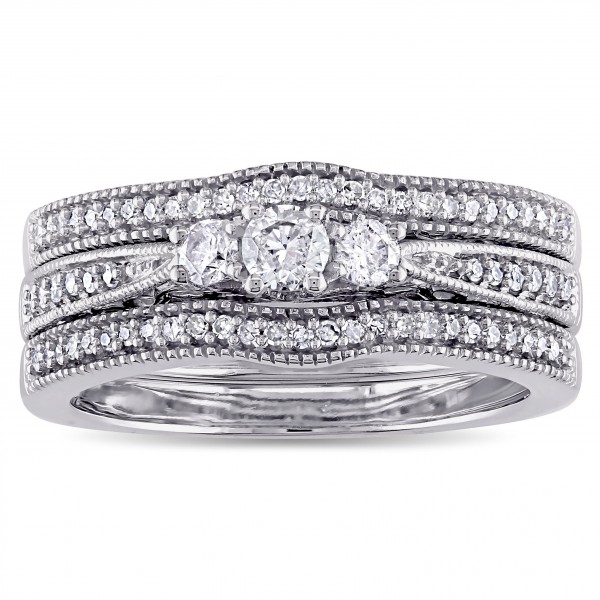 White Gold 2/5ct TDW Diamond Vintage 3-Stone Bridal Ring Set - Handcrafted By Name My Rings™