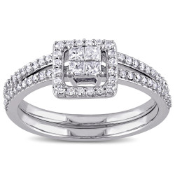 White Gold 2/5ct TDW Princess-cut Diamond Halo Bridal Ring Set - Handcrafted By Name My Rings™