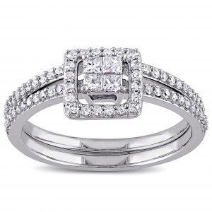 White Gold 2/5ct TDW Princess-cut Diamond Halo Bridal Ring Set - Handcrafted By Name My Rings™