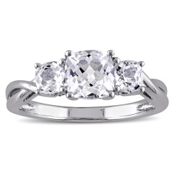 White Gold 3-Stone Cushion Shape Created White Sapphire and Diamond Engagement Ring - Handcrafted By Name My Rings™