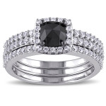 White Gold 3/4ct TDW Black Diamond and Created White Sapphire Bridal Ring Set - Handcrafted By Name My Rings™