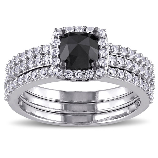 White Gold 3/4ct TDW Black Diamond and Created White Sapphire Bridal Ring Set - Handcrafted By Name My Rings™