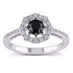 White Gold 3/4ct TDW Black and White Diamond Halo Engagement Ring - Handcrafted By Name My Rings™