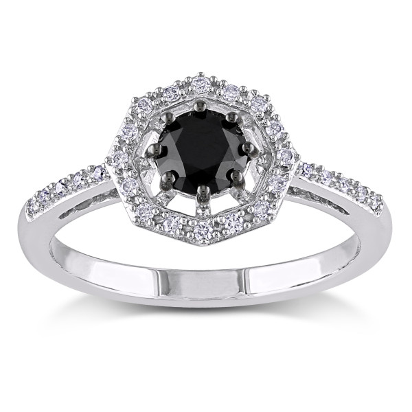 White Gold 3/4ct TDW Black and White Diamond Halo Engagement Ring - Handcrafted By Name My Rings™