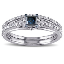 White Gold 3/5ct TDW Princess-cut Blue and White Diamond Bridal Ring Set - Handcrafted By Name My Rings™