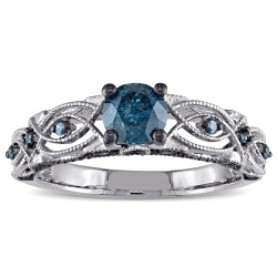 White Gold 4/5ct TDW Blue Diamond Vintage Filigree Engagement Ring - Handcrafted By Name My Rings™
