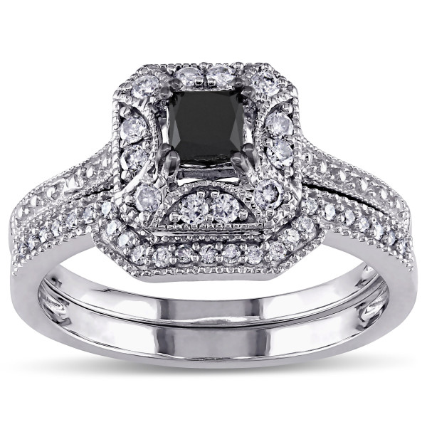 White Gold 5/ 8ct TDW Black and White Diamond Cluster Bridal Set - Handcrafted By Name My Rings™