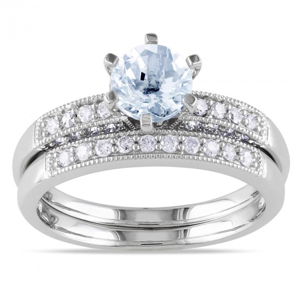 White Gold Aquamarine 1/3ct TDW Diamond Bridal Ring Set - Handcrafted By Name My Rings™