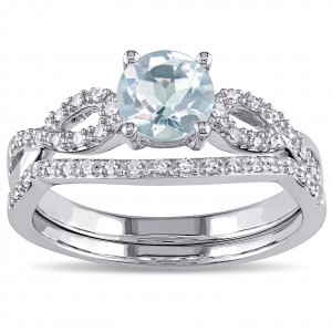 White Gold Aquamarine and 1/6ct TDW Diamond Bridal Ring Set - Handcrafted By Name My Rings™