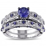 White Gold Created Blue Sapphire 1/10ct TDW Diamond Vintage Bridal Set - Handcrafted By Name My Rings™