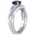 White Gold Created Blue Sapphire and 1/6ct TDW Diamond Bridal Ring Set - Handcrafted By Name My Rings™
