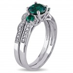 White Gold Created Emerald and 1/6ct TDW Diamond 3-stone Bridal Ring Set - Handcrafted By Name My Rings™