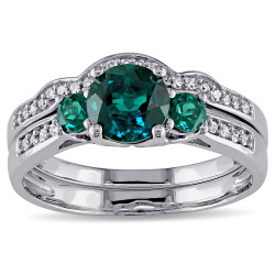White Gold Created Emerald and 1/6ct TDW Diamond 3-stone Bridal Ring Set - Handcrafted By Name My Rings™