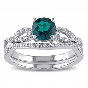 White Gold Created Emerald and 1/6ct TDW Diamond Bridal Ring Set - Handcrafted By Name My Rings™