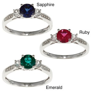 White Gold Created Gemstone and Diamond Three-Stone Ring - Handcrafted By Name My Rings™