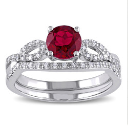 White Gold Created Ruby and 1/6ct TDW Diamond Bridal Ring Set - Handcrafted By Name My Rings™
