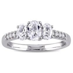 White Gold Created White Sapphire 3-Stone and 1/10ct TDW Diamond Engagement Ring - Handcrafted By Name My Rings™