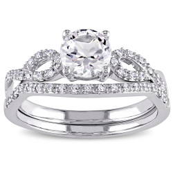 White Gold Created White Sapphire and 1/6ct TDW Diamond Bridal Ring Set - Handcrafted By Name My Rings™