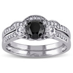 White Gold Created White Sapphire and 7/8ct Black and White Diamond Bridal Ring Set - Handcrafted By Name My Rings™