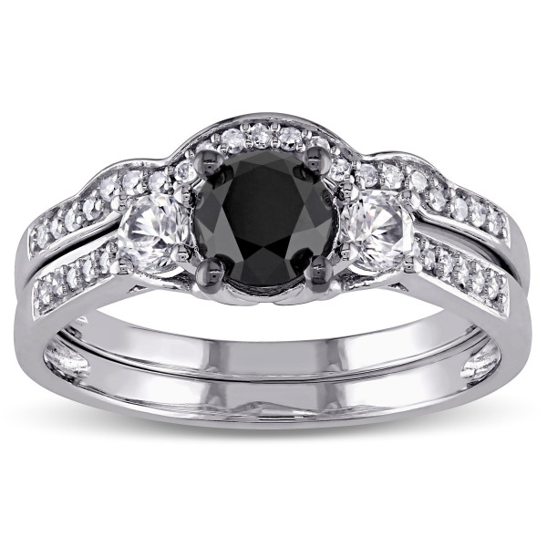 White Gold Created White Sapphire and 7/8ct Black and White Diamond Bridal Ring Set - Handcrafted By Name My Rings™